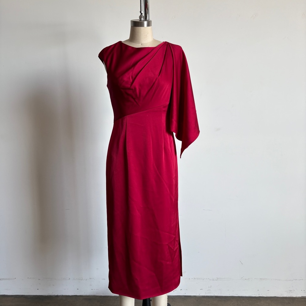 $595 NWT Theia Draped Sleeve Satin Midi Dress in Scarlet Sz 4